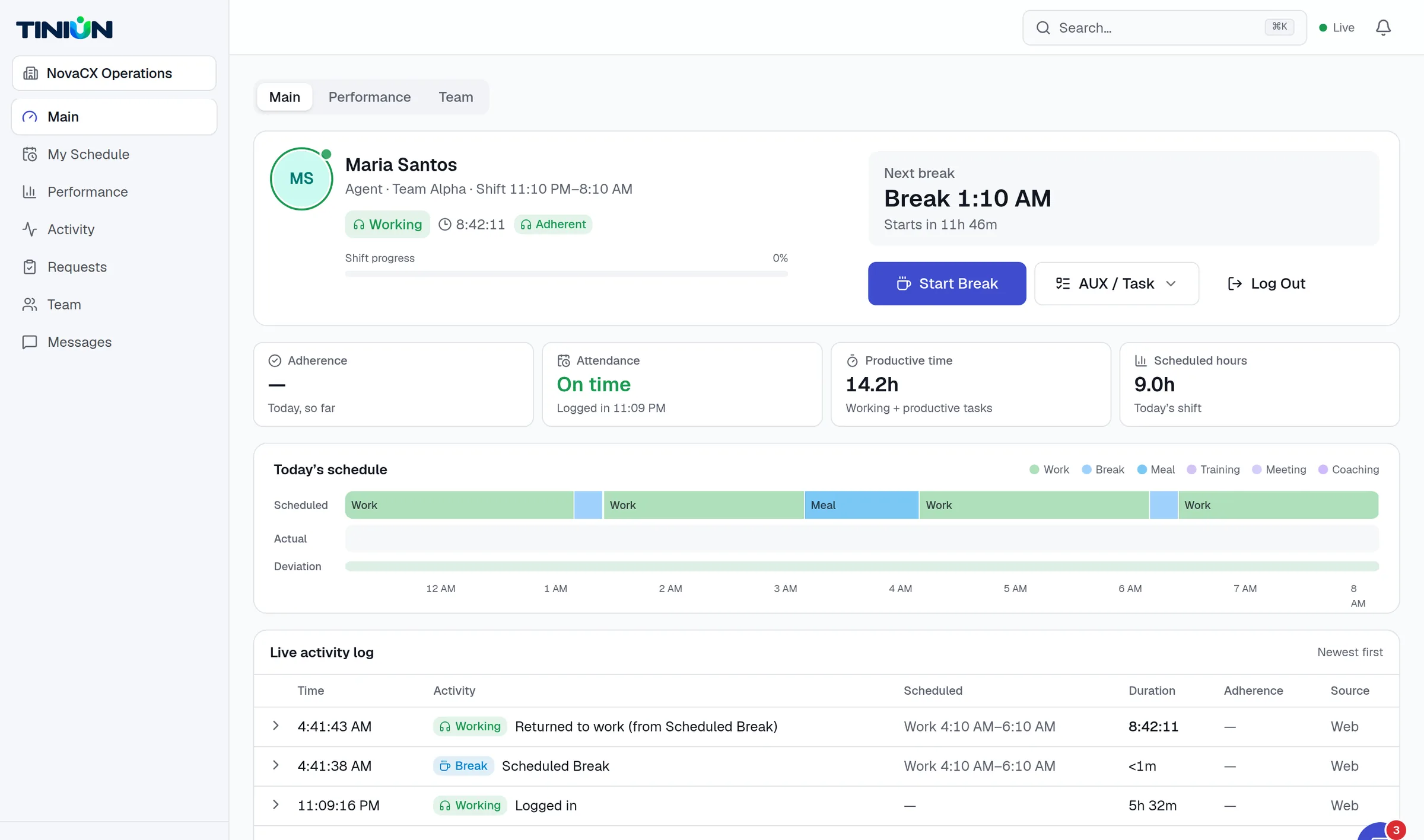 Agent command center with schedule timeline and status controls