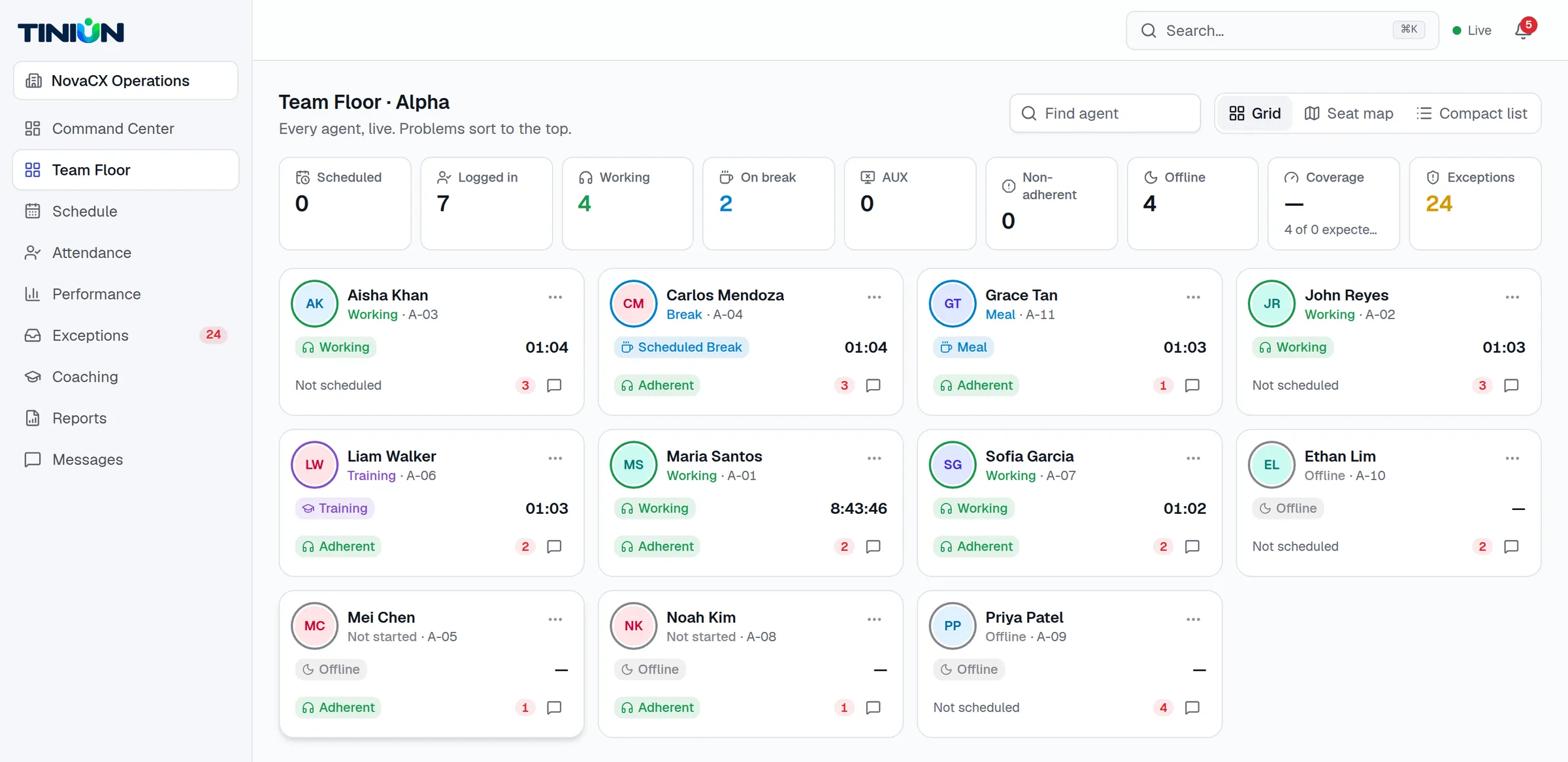 TINIUN Team Floor showing each agent's live status, time in state and adherence